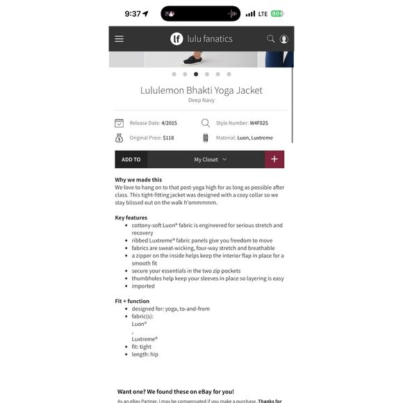 Lululemon Bhakti Yoga Jacket, Blue, Size 10 P12 - Picture 4 of 12